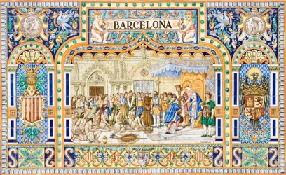 Arrivée de Christophe Colomb à Barcelone en 1493 à la cour du roi Ferdinand II et de la reine Isabelle I de Castille (carreaux de céramique)