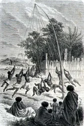 Guerriers maoris jouant sur une balançoire, illustration de 
