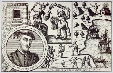 Les Espagnols sous Juan de Grijalva débarquent au Yucatan et affrontent les guerriers mayas à la bataille de Champoton, mai 1518 (lithographie)