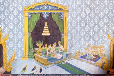 Fresque représentant une scène de la vie de Bouddha, temple Wat Phra That Doi Suthep