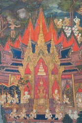 Murales dans la chapelle Buddhaisawan représentant Indra descendant des cieux peu après la crémation du Bouddha en arrachant la relique la plus précieuse, une dent cachée dans le chignon du brahmane