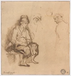 Femme assise sur un banc et trois esquisses de têtes
