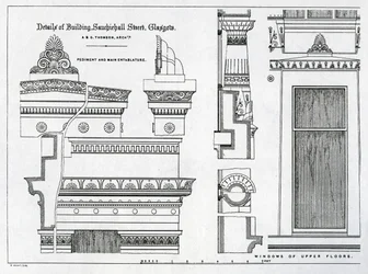 Détails architecturaux des chambres grecques, 336-356 Sauchiehall Street, Glasgow, conçus par Alexander Greek Thomson, 1869