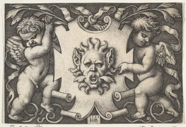 Un masque sur un écu soutenu par deux génies, 1544