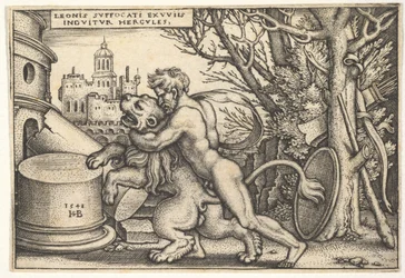 Hercule, de profil, tuant le lion de Némée avec son bras autour de son cou, des 