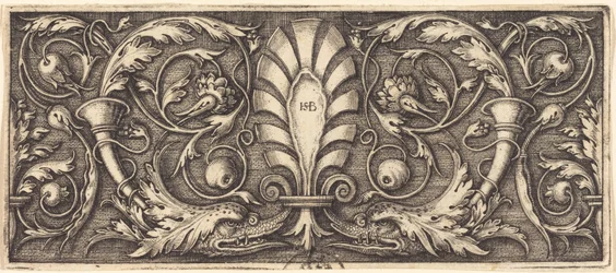 Ornement avec deux dauphins grotesques