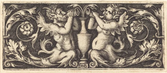 Ornement avec deux tritons soufflant des cors