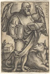 Saint Luc avec la tête tournée de profil vers la droite, un livre dans chaque main