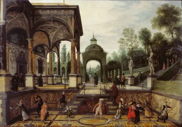 Jardin italien avec galerie et personnages, premier tiers du XVIIe siècle