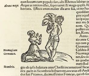 Une sorcière invoque un démon à trois têtes, de l