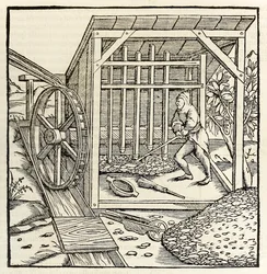 Exploitation minière avec roue hydraulique, de l