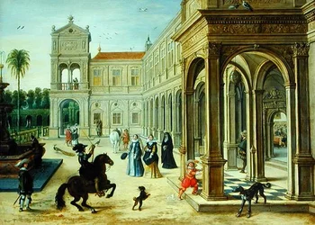 Cavalier et figures élégantes devant une cour de palais