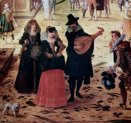 Paysage avec la Villa Médicis à Rome, Italie. Détail : élégants promeneurs et musiciens dans le parc. XVIIe siècle, Naples, Museo Nazionale di Capodimonte