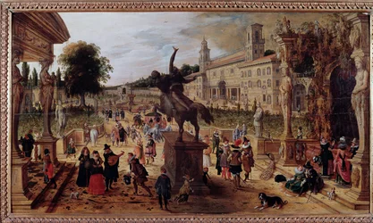 Paysage avec la villa Médicis à Rome, Italie. Élégants promeneurs et musiciens dans le parc. XVIIe siècle, Naples, Museo Nazionale di Capodimonte