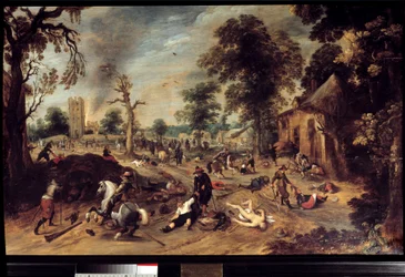 Pillage dans un village. Un groupe de cavaliers pille et massacre les habitants d