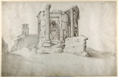 Ruines du temple de la Sibylle Tiburtine à Tivoli (encre brune et lavis gris brun sur papier blanc)