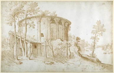 Le temple de Vesta dans le Forum Boarium, vu du nord, le Tibre à droite, vers 1650