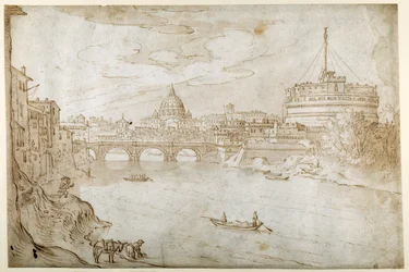 Vue du Tibre vers Saint-Pierre avec le Palais du Vatican et le Castel S. Angelo