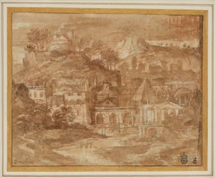 Paysage classique avec des bâtiments au bord d
