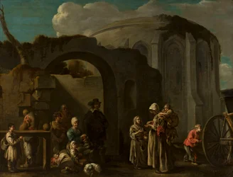 Une famille de mendiants parmi les ruines