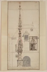 Projet de Mai des Gobelins permanent (recto) (craie noire, craie rouge, plume et encre noire et brune, lavis gris, sur deux feuilles jointes)