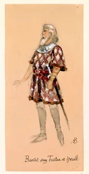France, Paris, Esquisse de costume pour Kurwenal dans Tristan et Isolde de Richard Wagner pour la représentation au Palais Garnier de Paris