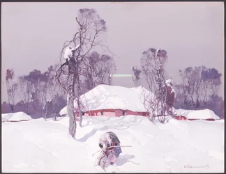 Vieille dame ramassant du bois dans la neige