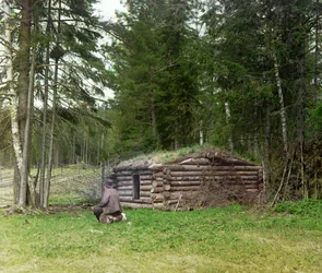 Un homme devant une cabane pour bûcherons et kuria (brûlage de charbon) dans la forêt, Empire russe, entre 1905 et 1915