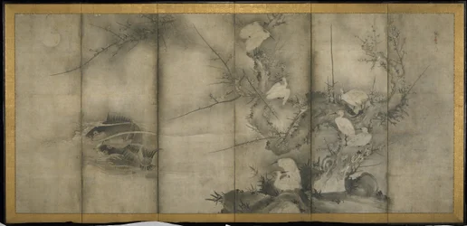 Saule, Hérons dans le prunier et le saule, paravent à six panneaux