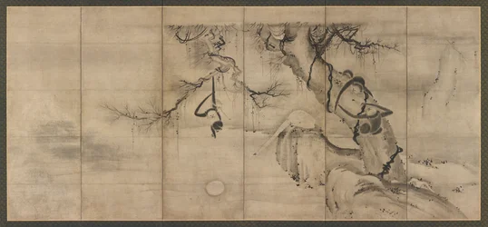 Singes et arbres sur une rive de rivière, période Momoyama