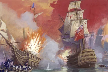 Bataille navale britannique contre les Français pendant les guerres napoléoniennes (gouache sur papier)