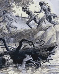 John Colter caché derrière du bois flotté (gouache sur papier)