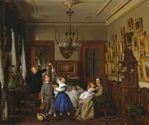 Le concours pour le bouquet : La famille de Robert Gordon dans leur salle à manger de New York