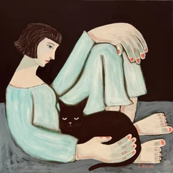 Femme pensive et chat noir