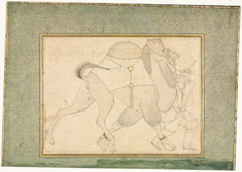 Chameau et chamelier, illustration sur une page isolée, vers 1545-1576.