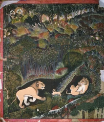 Brijnathji et Durjan Sal aperçoivent une troupe de lions
