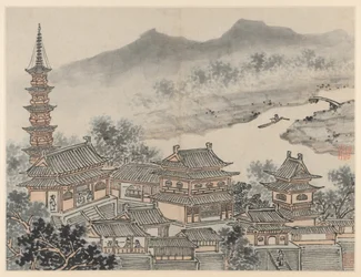 Douze vues de la colline du Tigre, Suzhou : Le hall des Mille Bouddhas et la pagode, après 1490