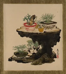 Peintures sur laque de divers sujets : bonsaï