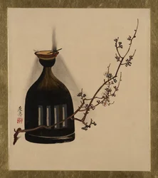 Peintures laquées de divers sujets : Branche de prunier avec lampe à huile