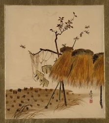 Peintures laquées de divers sujets : Pile de riz et libellules