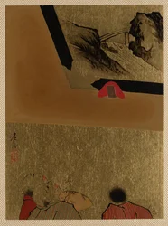 Trois hommes regardant un dessin laqué encadré