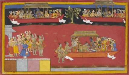 Bharata et Shatrughna arrivent à Nandigrama, saluent Rama, et le char de Pushpaka repart