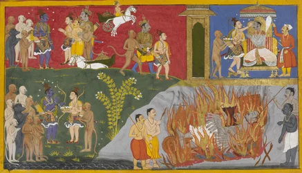 Bibhishana allume le bûcher funéraire de Ravana et Lakshmana offre des gâteaux pinda à Rama.