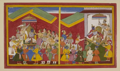 Rāma est couronné et récompense ses alliés ; Sītā offre son collier à Hanumān.