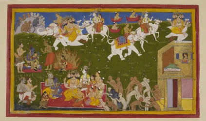 Sītā prouve sa pureté par le feu ; les dieux et Daśaratha l