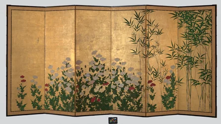 Bambou et coquelicots, début du 17e siècle (Paire de paravents à six panneaux ; encre, couleur et or
sur papier)