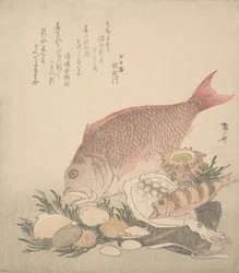 Grands et petits poissons nageant parmi les coquillages et les algues au fond de la mer, ca. 1830