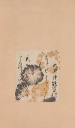 Poème de Onakatomi Yoshinobu avec sous-peinture de roses trémières, début du 17ème siècle
