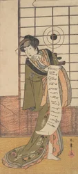 Le deuxième Yamashito Kinsaku en tant que courtisane debout dans une pièce, vers 1779