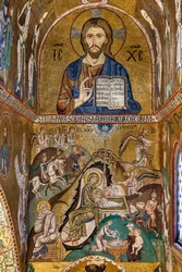 La Chapelle Palatine (Basilique), abside sud ou absidiola de Saint Paul, mosaïques : Christ Pantocrator et Nativité, XIIe siècle